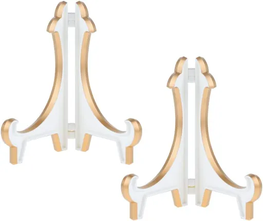 2 Pack 5inch White Gold Thicken Acrylic Easels Display Stand Plate Stand Holder display Pictures Frame ,Decorative Plates, and Artworks