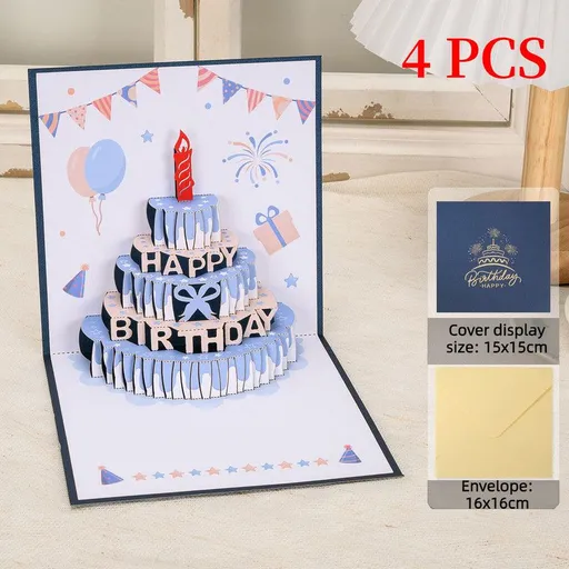 4-Pack - Cake 3D Pop-Up Birthday Cards, Papercut Foldable Greeting Gift Cards - Blue