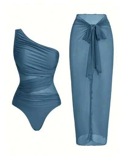 Blue Stylish One-Shoulder One-Piece Swimsuit + Sheer Mesh Sarong Wrap Skirt Set (L Size) - Women's Elegant Ruched Crossover Tummy Control Beachwear with Wireless Chest Padding for Beach Holiday Party