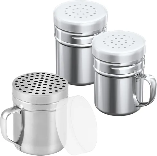 [1-pc] 10 oz Metal Parmesan Cheese Shaker (Large Holes) + [2-pcs] 6 oz Metal Salt Pepper Dredge Shakers - with Plastic Caps & Handles Bundle