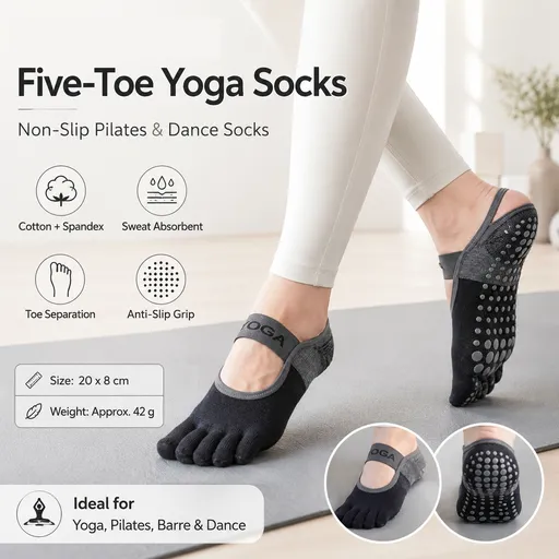 Black Non-Slip Five Toe Yoga Socks - Cotton Blend with PVC Grip Dots, Breathable & Secure Fit for Pilates, Dance, and Indoor Fitness Training