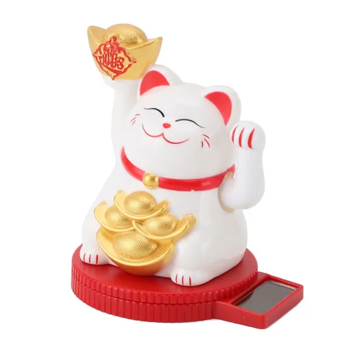 Solar Powered Lucky Cat Rotating Base Fortune Cat Statue for Car Dashboard Checkstand Desktop Decoration White
