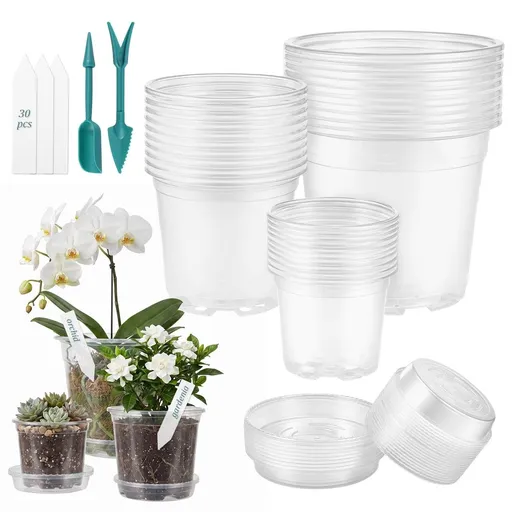 30Pcs Clear Nursery Pots with Multiple Drainage Holes & Dedicated Tray Transparent Seedling Flower Pot for Succulent Herb Orchid Flower