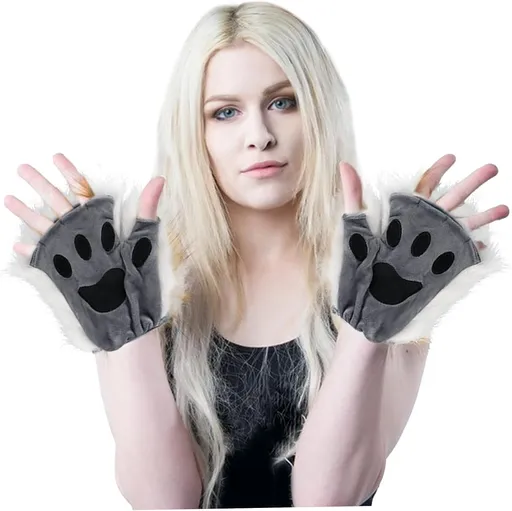 Black Grey Half Finger Cat Paw Therian Gloves for Adults Kids Cosplay, Embroidered Realistic Faux Fur Paws with Soft Texture, Perfect for Stage and Theme Parties