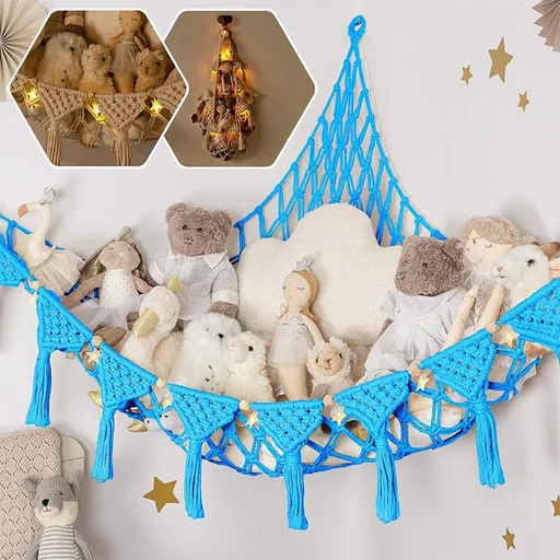 Stuffed Animal Hammock Corner Macrame Toy Storage Net with LED Lights - Blue