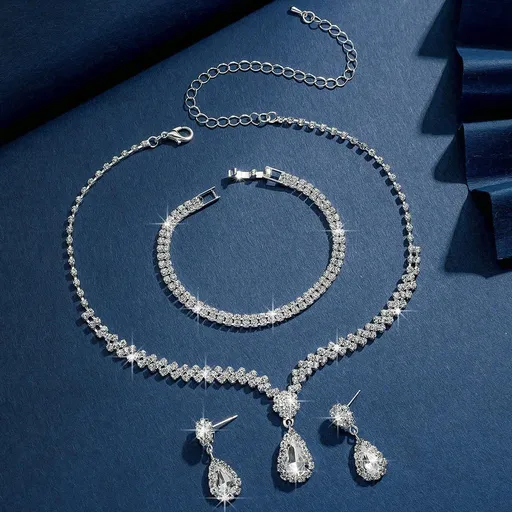 Wedding Jewelry for Bridal Bridesmaid Silver Rhinestone Jewelry Set Bride Crystal Necklace Earrings Set for Women Party Prom