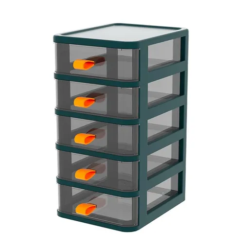Drawer Type Desktop Storage Box Transparent Desktop Stationery Organizer with Orange Handle 5 Layer Green 13.4x17x28cm