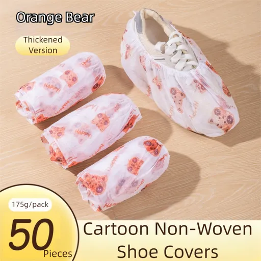 50 Pieces Thickened Non-Woven Disposable Shoe Covers (Orange Bear) – Universal Fit (EU Size 34-45) for Guests & Floor Protection