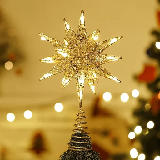 Christmas Star Tree Topper 3D Geometric Star Decorative LED Lights Battery Operated Beautiful Star Lighting with Springy Base for Holiday Xmas