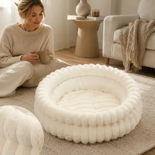 Plush Round Bed - Cream White, Size M: 50×50×15cm