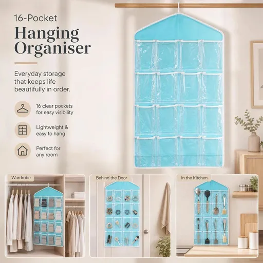 Clear View 16 Compartment Hanging Organizer, Underwear Sock Storage Pouch, Blue, Space Saving Wardrobe Decor