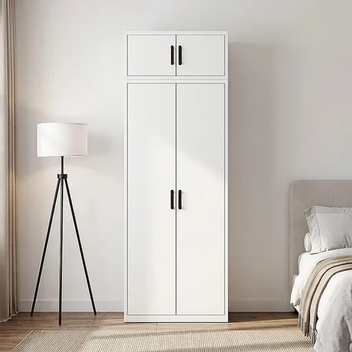 80x240cm 2-Door White Steel Shelf Wardrobe with Black Handle Storage Cabinet