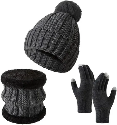 Gloves, hat and scarf - three-piece set - winter knitwear - lined with fleece and thickened - warm and cold resistant - dark gray