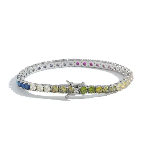 Silver Rainbow Zircon Tennis Bracelet – 4mm Single Row Hip Hop Jewelry with Dragon Clasp (7 Inch)