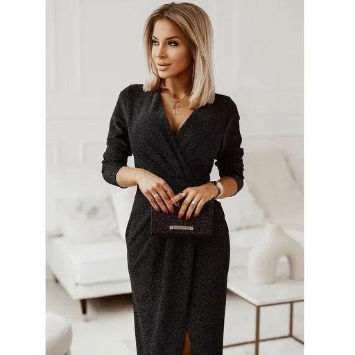 Long Sleeve Dress V-Neck Dress Wrap Maxi Dress Women'S Maxi Dress Evening Dress - Black - Size M