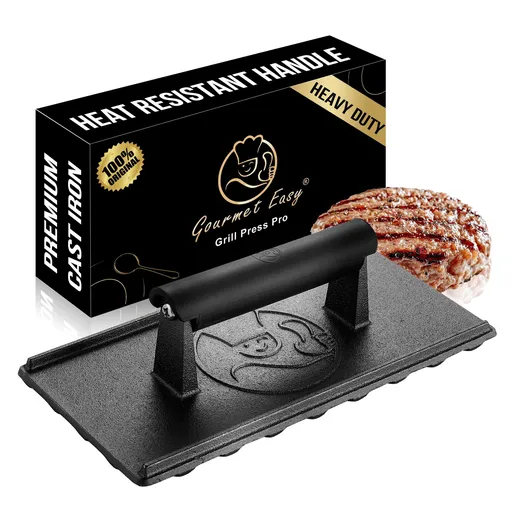 Gourmet Easy Grill Press with Heat Resistant Handle, 3LBS Cast Iron Smash Burger Press