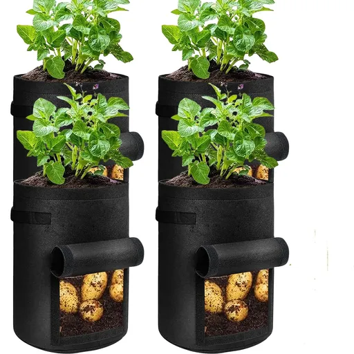 Potato Grow Bags with Flap 4 Gallon, Planter Pot with Handles and Harvest Window for Potato Tomato and Vegetables, Black 4 Pcs