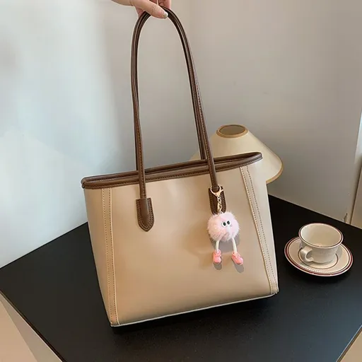 Khaki Single Shoulder Tote Bag With Pendant