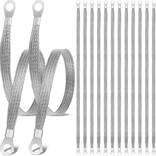 12 Pcs Ground Straps Automotive 20 Inch Universal Engine Ground Strap Kit with Ring Terminals Braided Tinned Copper Grounding Wire Automotive Cable Connectors for Most Cars Vehicle, Silver