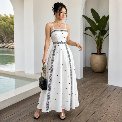 Women's White Boho Print Maxi Dress S Size - Stretch Polyester Fabric, Spaghetti Straps, Fitted Waist and A-Line Silhouette for Spring Summer Beach Vacations, Travel, Parties and Events