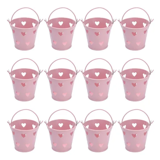 12pcs Mini Metal Bucket Hollow Heart Shaped Bucket with Handle for Candies Outdoor Flower Cosmetics