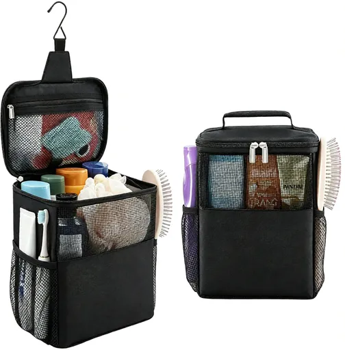 Shower Bag Mesh Shower Caddy Portable College Dorm Room Essentials Tote Bag for Bathroom, Gym, Travel, Camping Quick Dry Hanging Shower Organizer Basket Toiletry Bag, Medium, Black