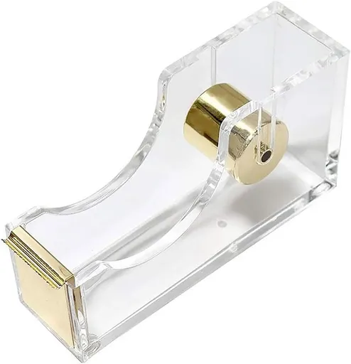 Acrylic Tape Dispenser – Heavy Duty Refillable Tape Holder for Home and School Crafting – Stylish Desktop Accessory for Gift Wrapping, Gold