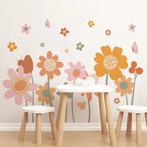 Colorful Flower Wall Stickers Boho Retro Flowers Wall Decals Large Vintage Floral Wall Art Sticker for Bedroom Living Room