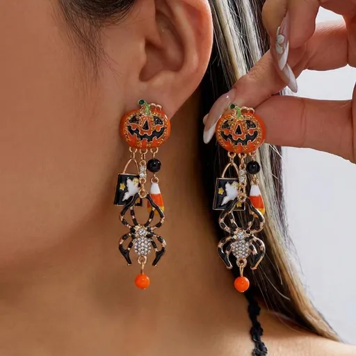 Women’s Statement Halloween & Christmas Drop Earrings, Gothic Tassel Dangle Earrings With Pumpkin Ghost Pendant, Party Costume Ear Accessory, Style‑ER26Y0292‑3
