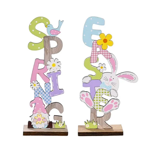 2 Pcs Easter Decorations Wooden Bunny Letter Printing Crafts Ornament Easter Decor for Home Table Party Arrangement Kids Gift