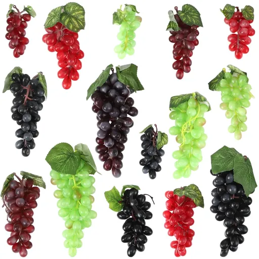 15PCS Artificial Grape Set, Lifelike Hanging Grape Bunches with Mixed Sizes and Colors, Fake Grapes Decor in Red Black Purple Green for Dining Table Wedding Kitchen Photography Decoration