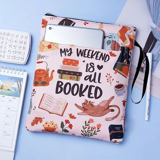Cat Teacup Zippered Book Sleeve with Printed Design – Waterproof Protective Cover for Books, Ideal for Readers and Students with Extra Pocket & Carry Strap