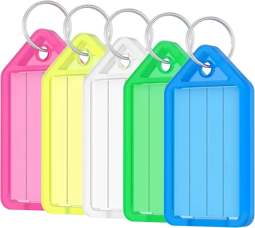 20 Pieces Key Tags 2 Inch Plastic Key Chain Tags with Ruled Blank Paper Labels Transparent Covers and Split Rings Sturdy Item Identifiers, 5 Colors