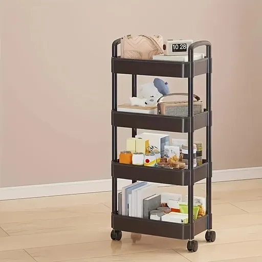 Four-Tier Rolling Cosmetics Storage Rack - Made of durable plastic, equipped with 360-degree swivel casters, strong load-bearing capacity - Suitable for bathroom, bedroom, kitchen, and home storage | BLACK