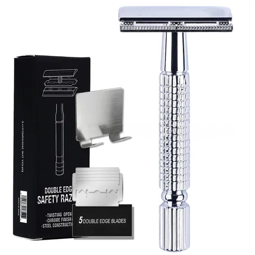 Silver Classic Double Edge Safety Razor Set - Vintage Metal Manual Shaving Razor with Stainless Steel Holder & 5 Replacement Blades