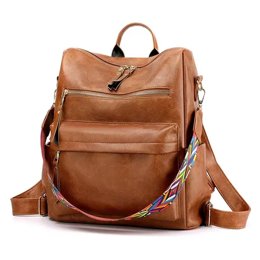 Vintage PU Anti-theft Backpack, Large Capacity Multi-pocket Casual Bag with Colorful Wide Shoulder Strap(Brown)