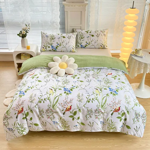 4-Piece Floral Printed Soft-Touch Brushed Bedding Set for 1.5M Bed Green Duvet Cover 175 x 220 CM Deep Pocket Fitted Sheet 150 x 200 CM Pillowcases