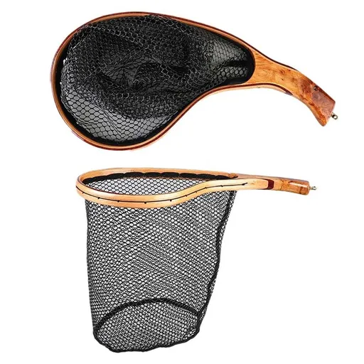 Wooden Fly Fishing Landing Net - Rubber Ghost Mesh & Release for Gentle Catch & Release - Trout Bass Net with Ergonomic Handle - Tear Drop Design