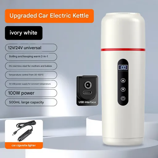 White Portable Car Electric Kettle 12V/24V Universal USB Travel Water Boiler 500ml 316 Stainless Steel Smart Temperature Control