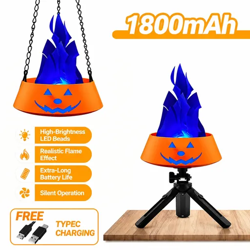 Style-3 LED Halloween Pumpkin Lantern and Simulated Silk Flame Blowing Light with Adjustable Stand and Hanging Chain, Rechargeable Atmosphere Lamp for Party Bar Camping and Home Use