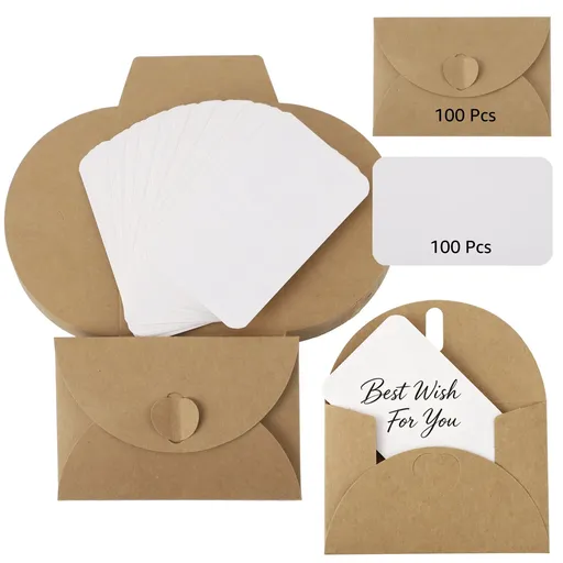 100 Set Mini Kraft Envelopes with Blank Cards, Kraft Paper Envelopes with Heart Clasp Closure, 4.1 x 2.8 in, for Wedding Invitations, Graduation, Festive Greetings & Thank You Notes