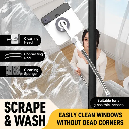 Lightweight Interior & Exterior Window Cleaner with 110cm Extendable Aluminium Pole & 3 Cleaning Pad - 2-in-1 360° Rotating Microfibre Scrubber and Squeegee for Most Household High Rise Windows