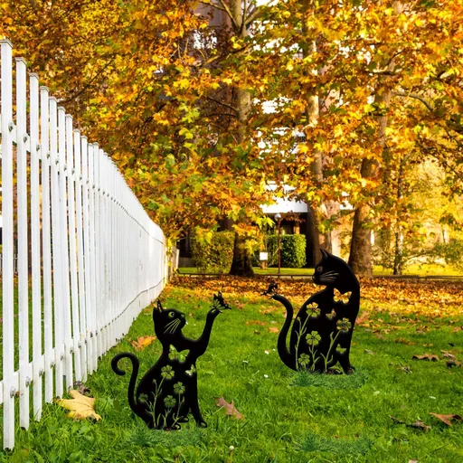 Metal Cat Stakes Cat Decorative Garden Stakes, 15" Cat Garden Decor, Black Cat Silhouette Yard Lawn Outdoor Decorations (Cat)