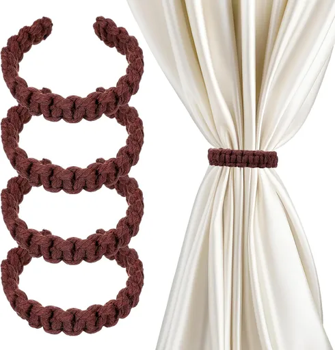 4 Pack Braided Curtain Tiebacks Boho Elegant Rustic Curtain Holdbacks Tie Backs Holders Set Simple Light Weight Drapes Decorative Accessories Handmade for Home Office Bedroom Window