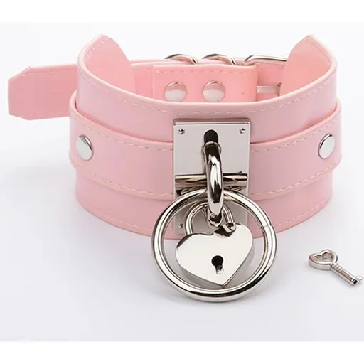 House Of Dasein Handmade Layer Leather Bdsm Heart Collar With Silver Or Gold - Pink Silver