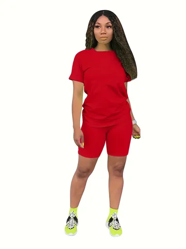 Ishilian Women Solid Color Polyester Spandex Casual Suit Red XL