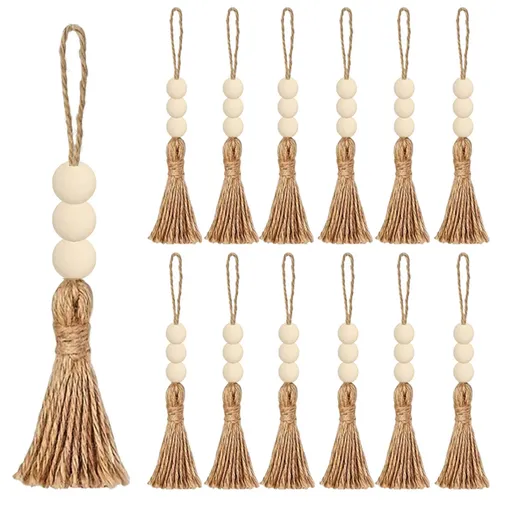 40 Sets Jute Tassels with 3 Wood Beads Natural Jute Rope Burlap Tassels for Christmas Tree DIY Craft Wood Beads Garland Project Wedding Home Party Decorations
