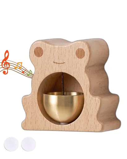 1 Piece Vintage Wooden Door Bell with Copper Chime and Magnetic Mount for Entryways and Bedrooms, Beech Bear Design