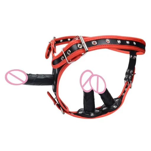 House Of Dasein Big Fantasy Harness Triple Dildos Pegging Kit Red Black Strapon - Red