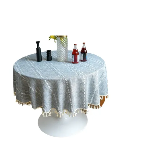 Rustic Farmhouse Round Tablecloth Cotton Linen Grey Dust-Proof Washable Embroidery Table Cover Heavy Weight Table Cloth for Party Kitchen Dining Tabletop Decoration 47.2 Inch